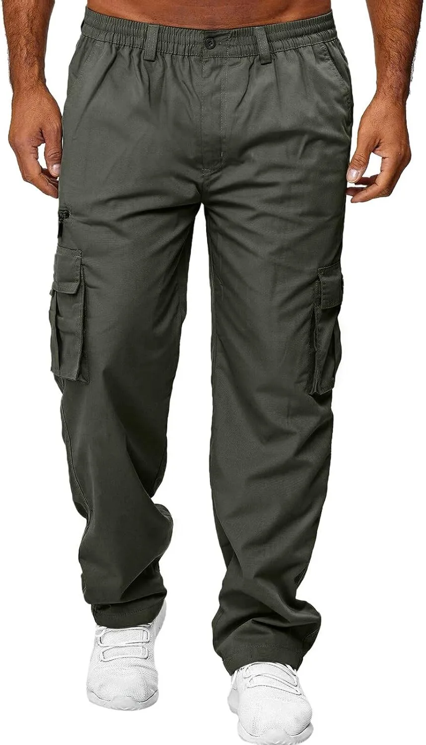 Mens Casual Cargo Pants Hiking Pants Elastic Cotton Workout Joggers Sweatpants for Men Multi Pockets 2024
