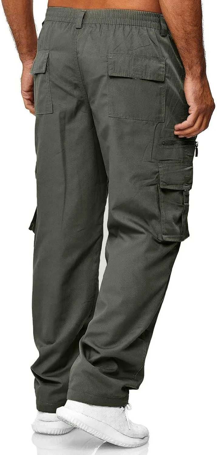 Mens Casual Cargo Pants Hiking Pants Elastic Cotton Workout Joggers Sweatpants for Men Multi Pockets 2024