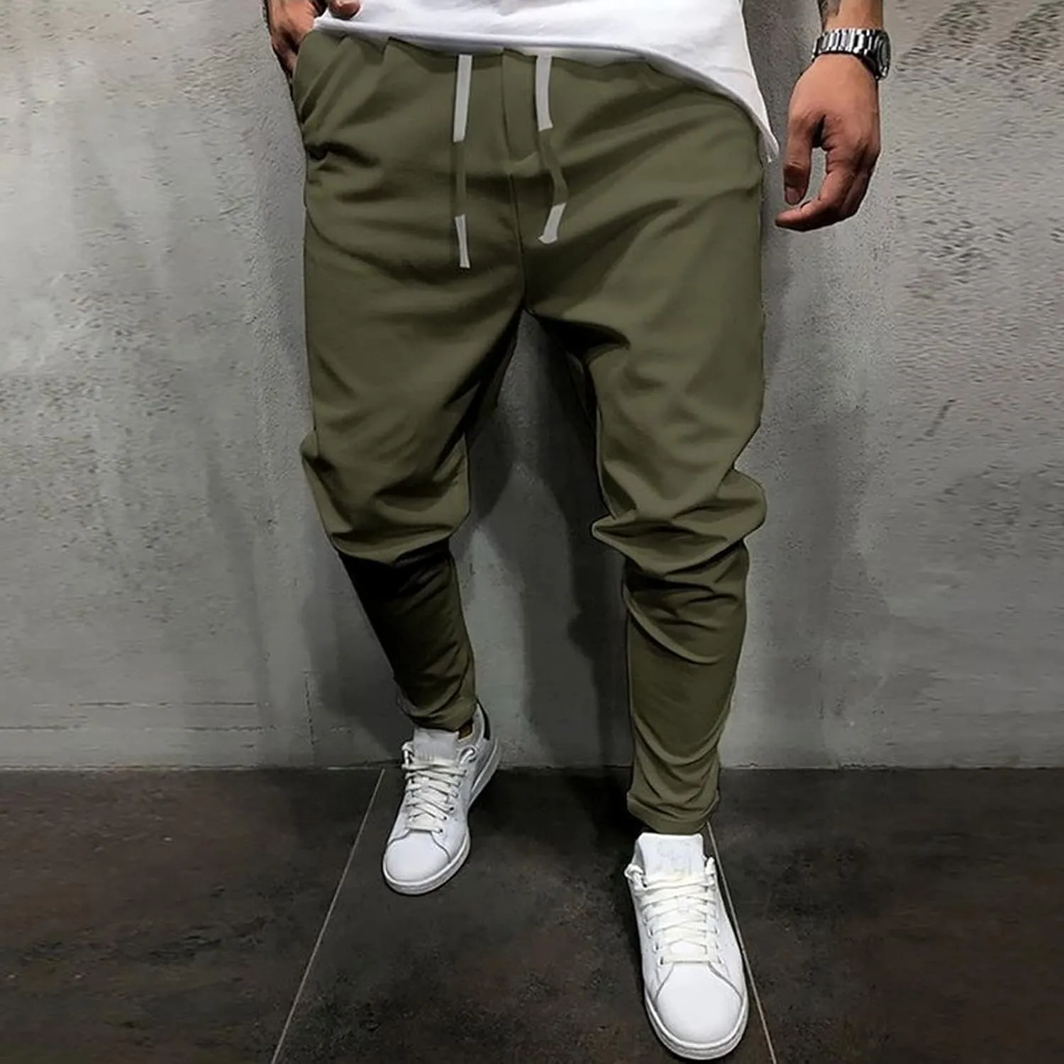 Men's Casual Chino Joggers Pants Twill Elastic Drawstring Waist Tapered Pants with Pockets Sweatpants Trousers