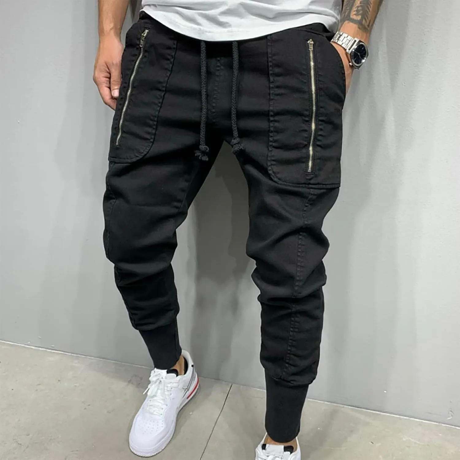 Men's Casual Chino Joggers Pants Twill Elastic Drawstring Waist Tapered Pants with Pockets Sweatpants Trousers