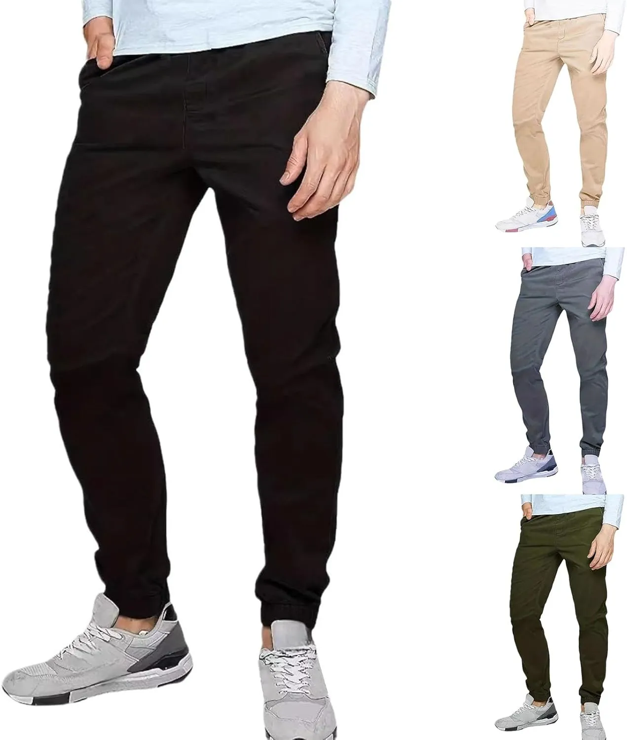 Mens Casual Chinos Jogger Pants Waist Athletic Straight Fit Hiking Pants Drawstring Lightweight Stretch Twill Joggers