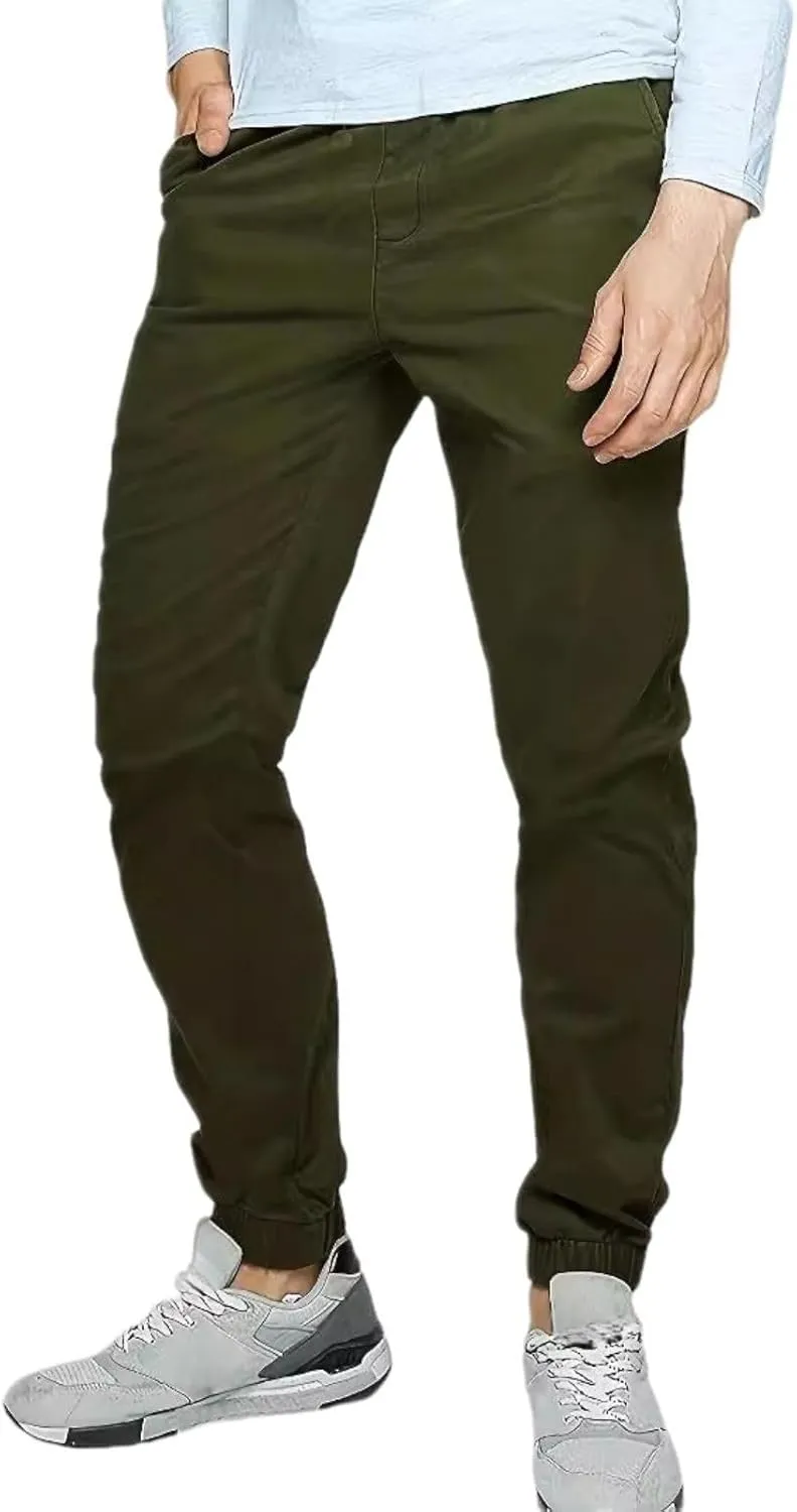 Mens Casual Chinos Jogger Pants Waist Athletic Straight Fit Hiking Pants Drawstring Lightweight Stretch Twill Joggers