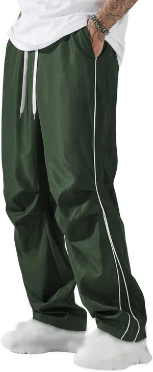 Men's Casual Drawstring Parachute Pants Baggy Elastic Waist Pants Side Stripes Athletic Loose Tousers with Pockets