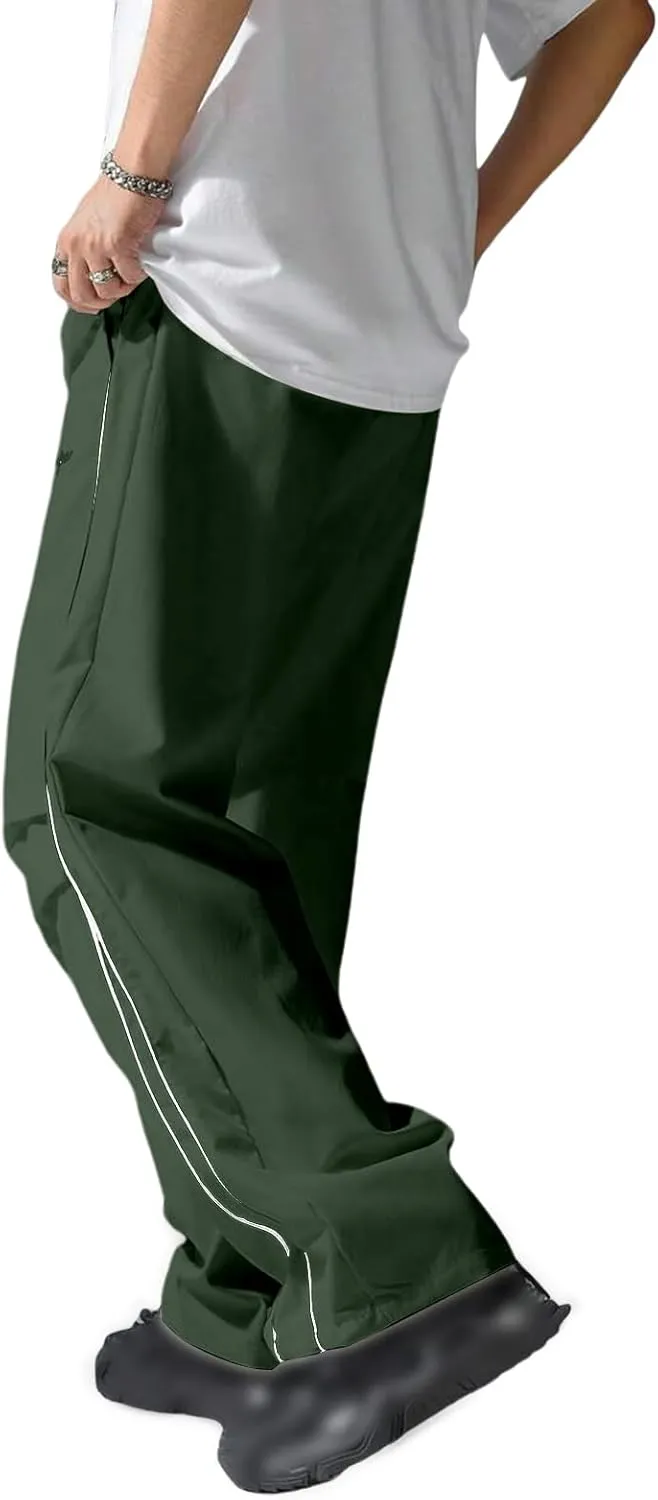 Men's Casual Drawstring Parachute Pants Baggy Elastic Waist Pants Side Stripes Athletic Loose Tousers with Pockets