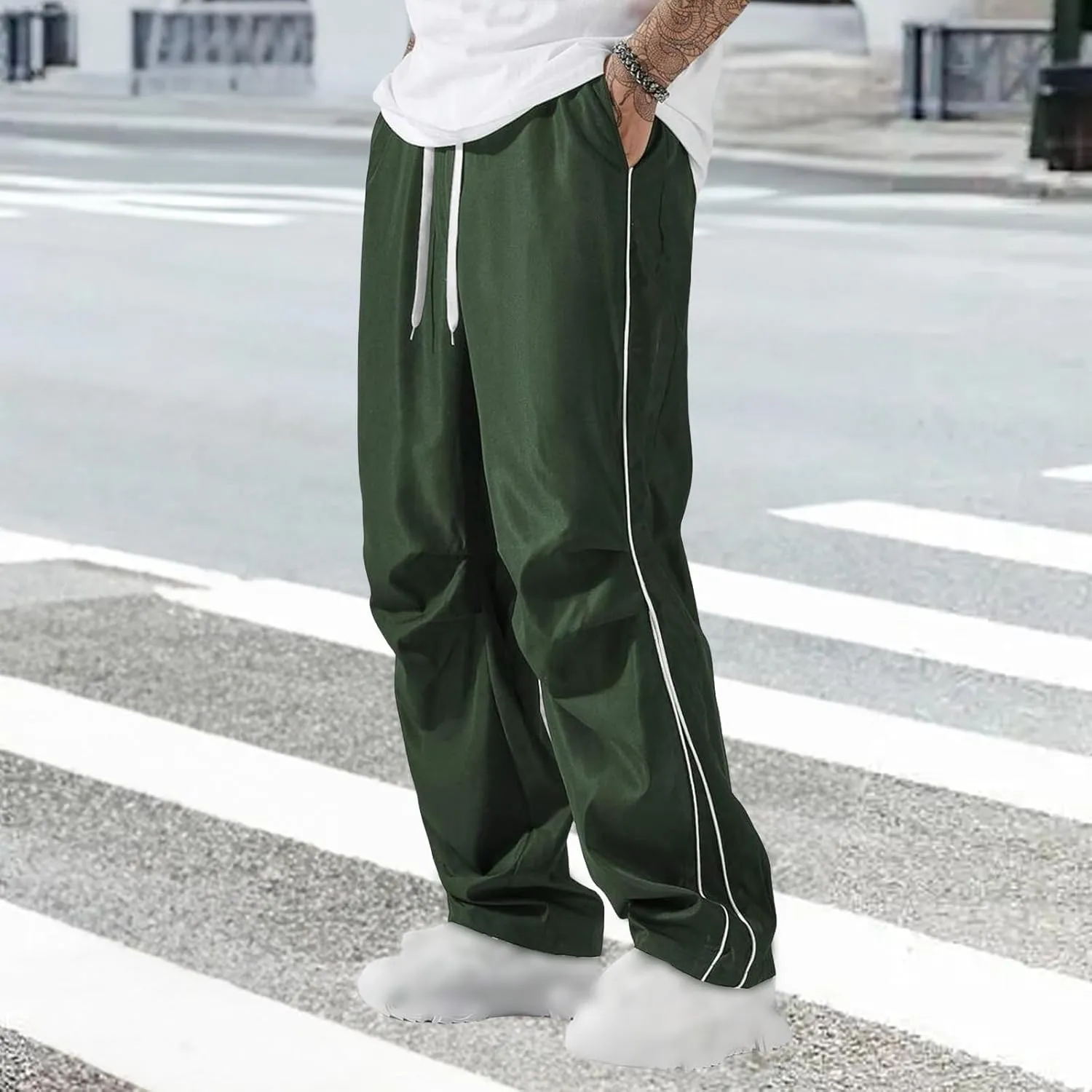 Men's Casual Drawstring Parachute Pants Baggy Elastic Waist Pants Side Stripes Athletic Loose Tousers with Pockets
