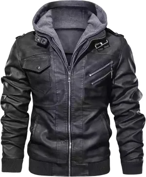Mens Casual Faux Leather Motorcycle Jacket Stand Collar PU Zip Up Bomber Jacket with Removable Hood