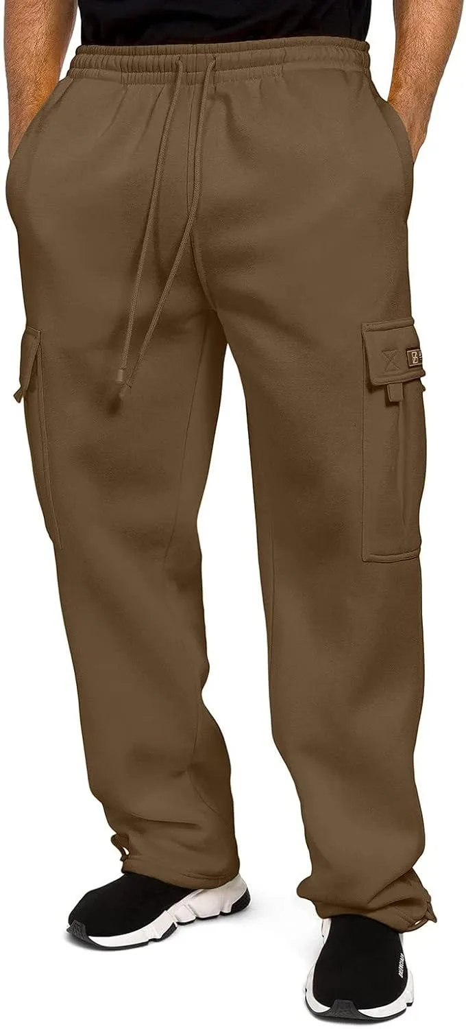 Mens Casual Fleece Cargo Sweatpants Athletic Trousers Elastic Cotton Jogger Straight Leg Pants with Pockets
