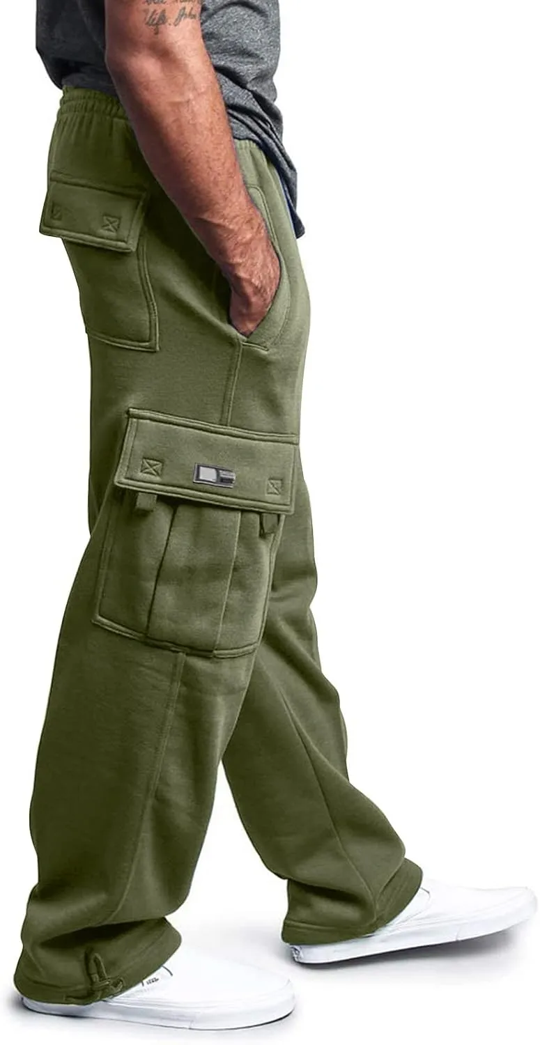 Mens Casual Fleece Cargo Sweatpants Athletic Trousers Elastic Cotton Jogger Straight Leg Pants with Pockets