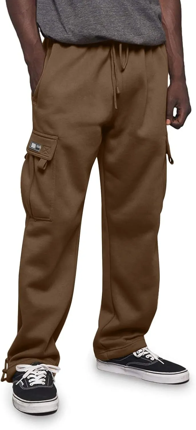 Mens Casual Fleece Cargo Sweatpants Athletic Trousers Elastic Cotton Jogger Straight Leg Pants with Pockets