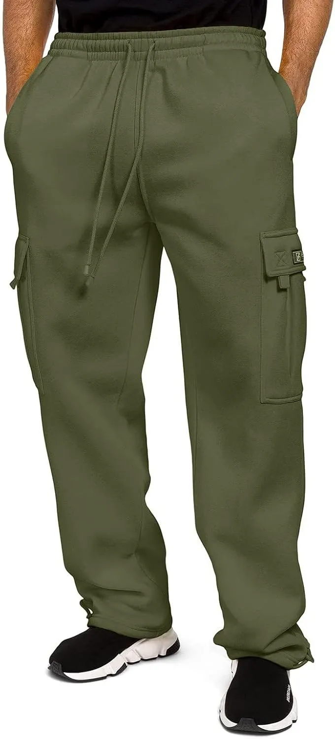 Mens Casual Fleece Cargo Sweatpants Athletic Trousers Elastic Cotton Jogger Straight Leg Pants with Pockets