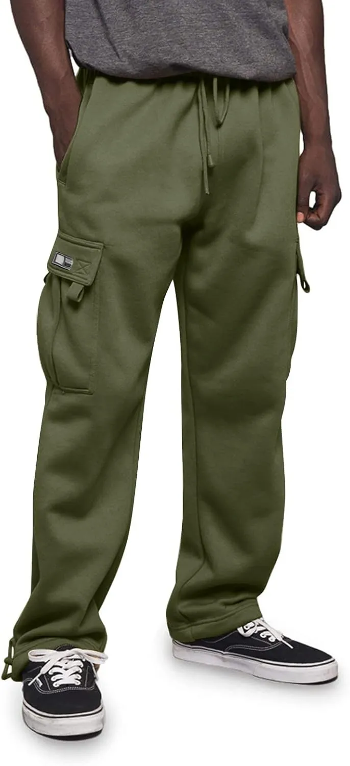 Mens Casual Fleece Cargo Sweatpants Athletic Trousers Elastic Cotton Jogger Straight Leg Pants with Pockets