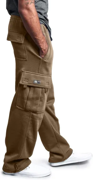 Mens Casual Fleece Cargo Sweatpants Athletic Trousers Elastic Cotton Jogger Straight Leg Pants with Pockets