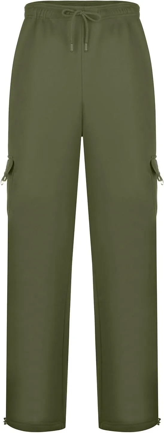 Mens Casual Fleece Cargo Sweatpants Athletic Trousers Elastic Cotton Jogger Straight Leg Pants with Pockets