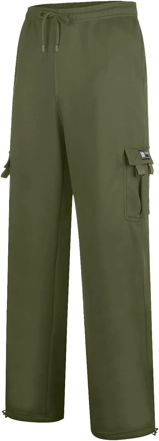 Mens Casual Fleece Cargo Sweatpants Athletic Trousers Elastic Cotton Jogger Straight Leg Pants with Pockets