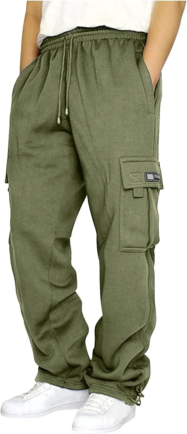 Mens Casual Fleece Cargo Sweatpants Athletic Trousers Elastic Cotton Jogger Straight Leg Pants with Pockets