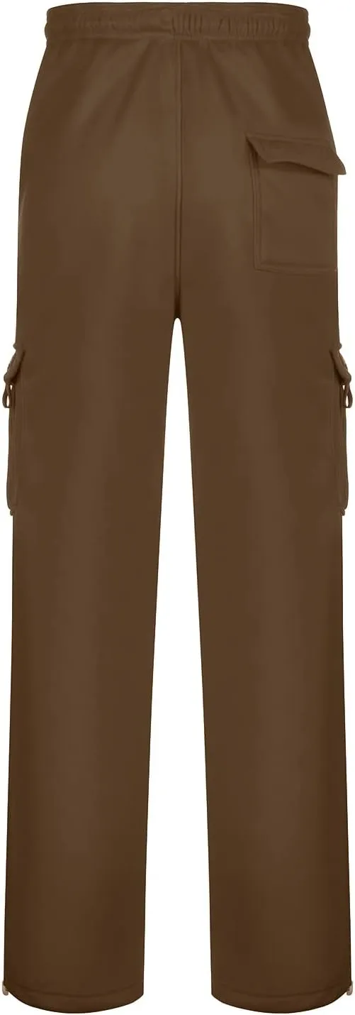 Mens Casual Fleece Cargo Sweatpants Athletic Trousers Elastic Cotton Jogger Straight Leg Pants with Pockets