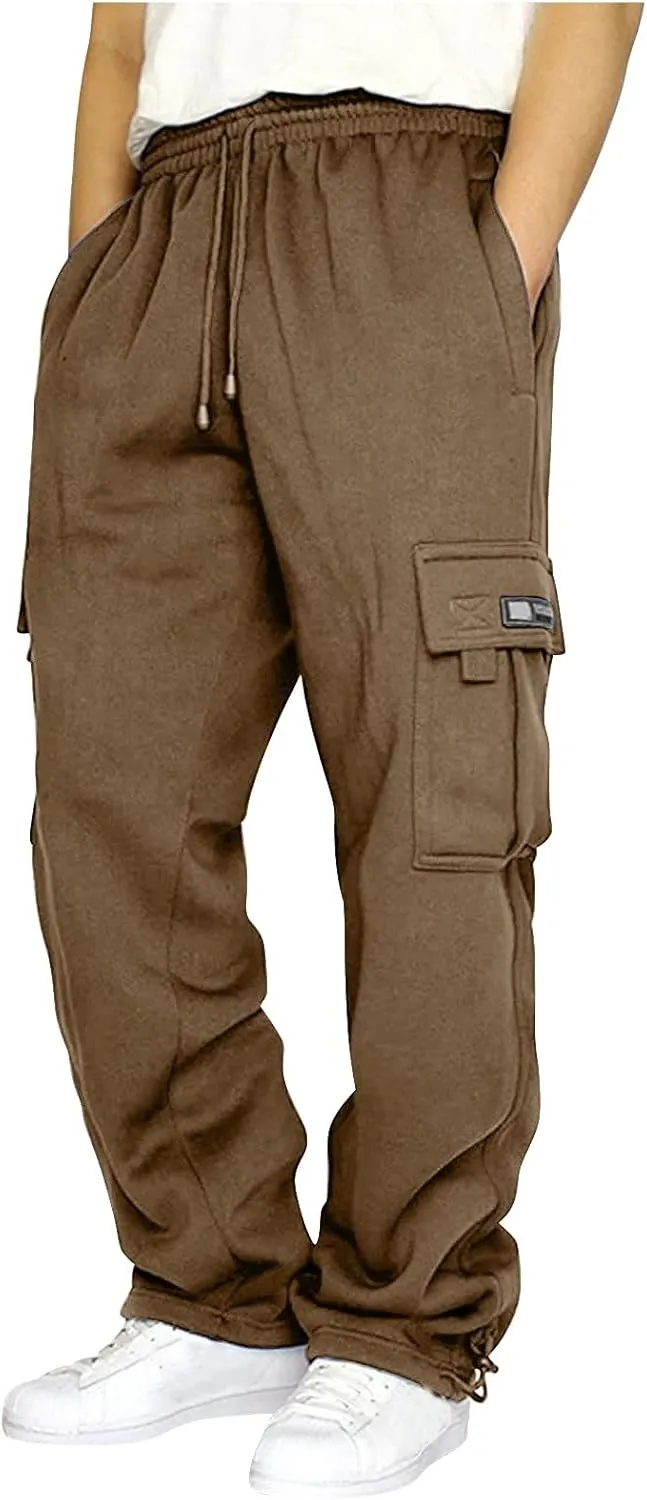 Mens Casual Fleece Cargo Sweatpants Athletic Trousers Elastic Cotton Jogger Straight Leg Pants with Pockets