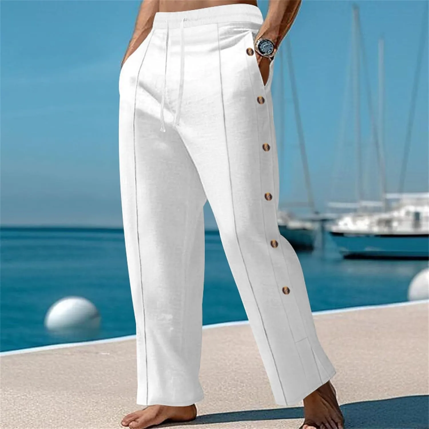 Mens Casual Linen Pants Lightweight Elastic Waist Beach Vacation Yoga Pants Solid Straight Slacks Drawstring Trouser