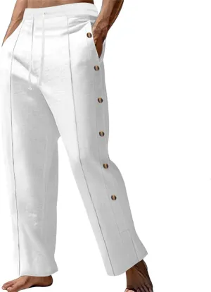 Mens Casual Linen Pants Lightweight Elastic Waist Beach Vacation Yoga Pants Solid Straight Slacks Drawstring Trouser