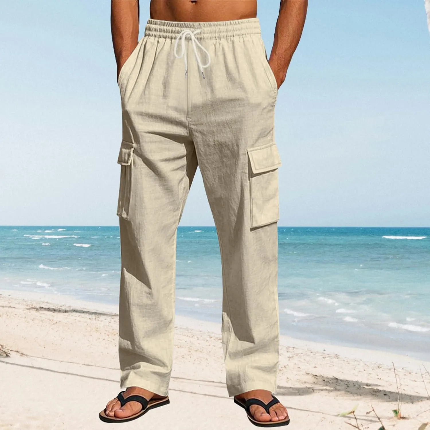 Men's Casual Linen Pants Mens Cargo Pants Elastic Waist Drawstring Joggers Athletic Pants Summer Straight Sweatpants