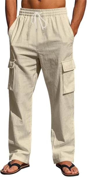 Men's Casual Linen Pants Mens Cargo Pants Elastic Waist Drawstring Joggers Athletic Pants Summer Straight Sweatpants