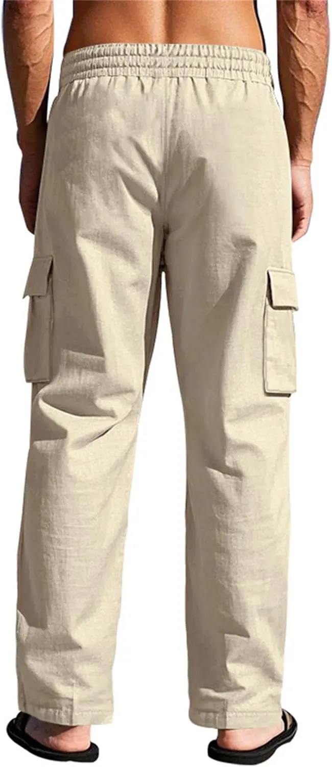 Men's Casual Linen Pants Mens Cargo Pants Elastic Waist Drawstring Joggers Athletic Pants Summer Straight Sweatpants