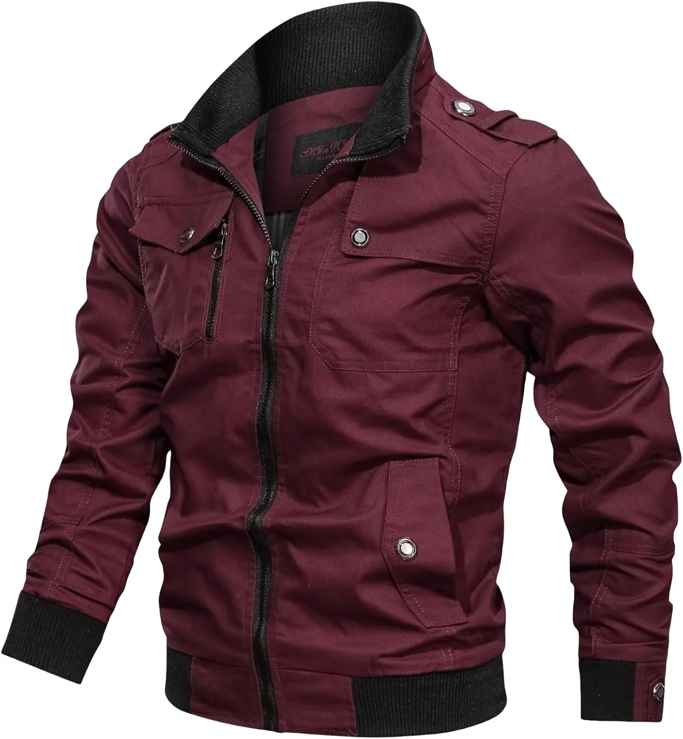 Mens Chic Cotton Military Jackets Stand Collar Long Sleeve Windbreaker with Zipper Casual Bomber Jackets