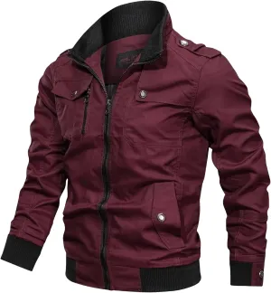 Mens Chic Cotton Military Jackets Stand Collar Long Sleeve Windbreaker with Zipper Casual Bomber Jackets