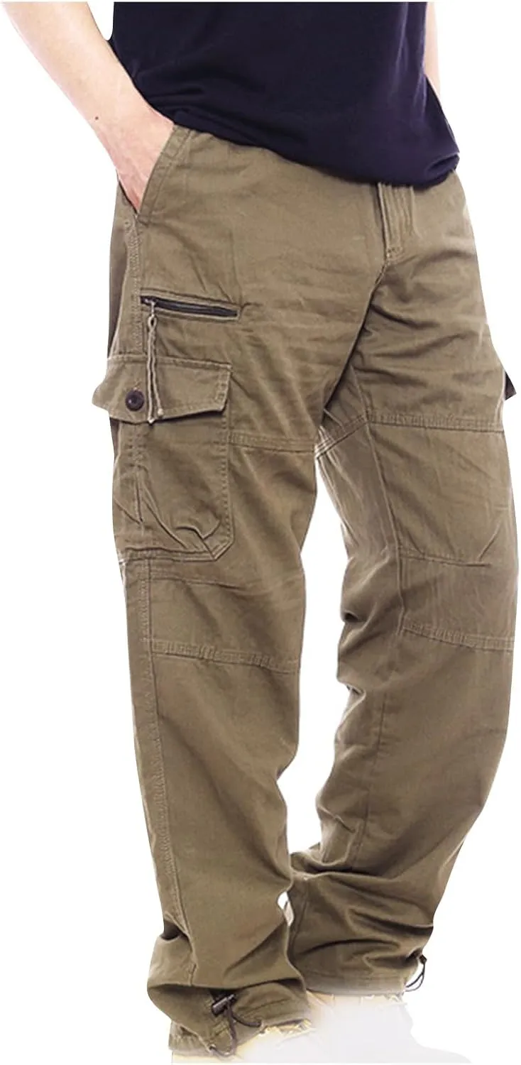 Men's Classic Fit Cargo Pants Elastic Waist Multi-Pocket Outdoor Cargo Trousers Tactical Straight Leg Casual Pants