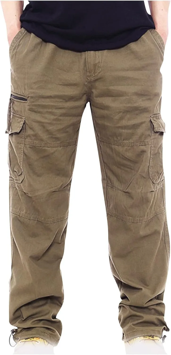 Men's Classic Fit Cargo Pants Elastic Waist Multi-Pocket Outdoor Cargo Trousers Tactical Straight Leg Casual Pants