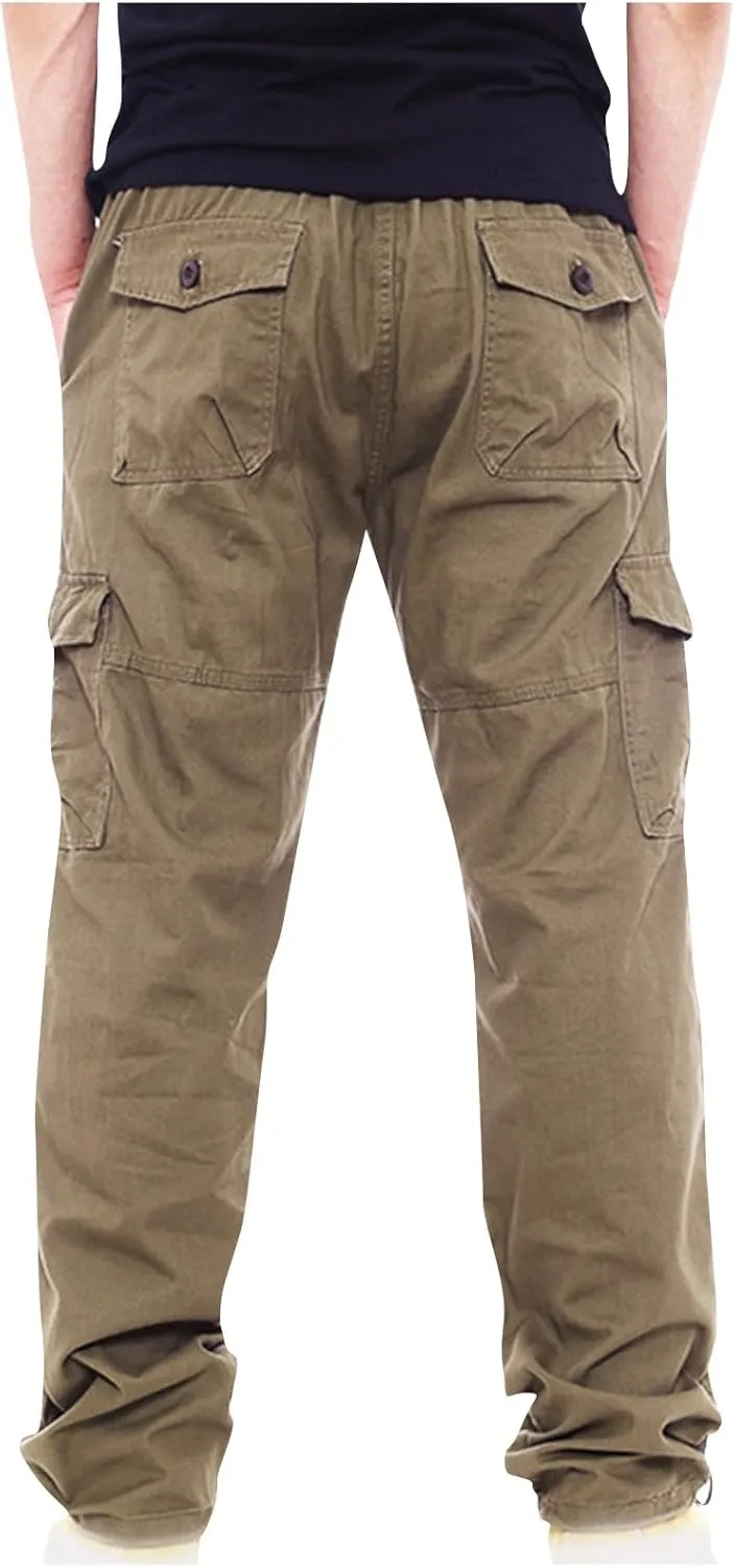 Men's Classic Fit Cargo Pants Elastic Waist Multi-Pocket Outdoor Cargo Trousers Tactical Straight Leg Casual Pants