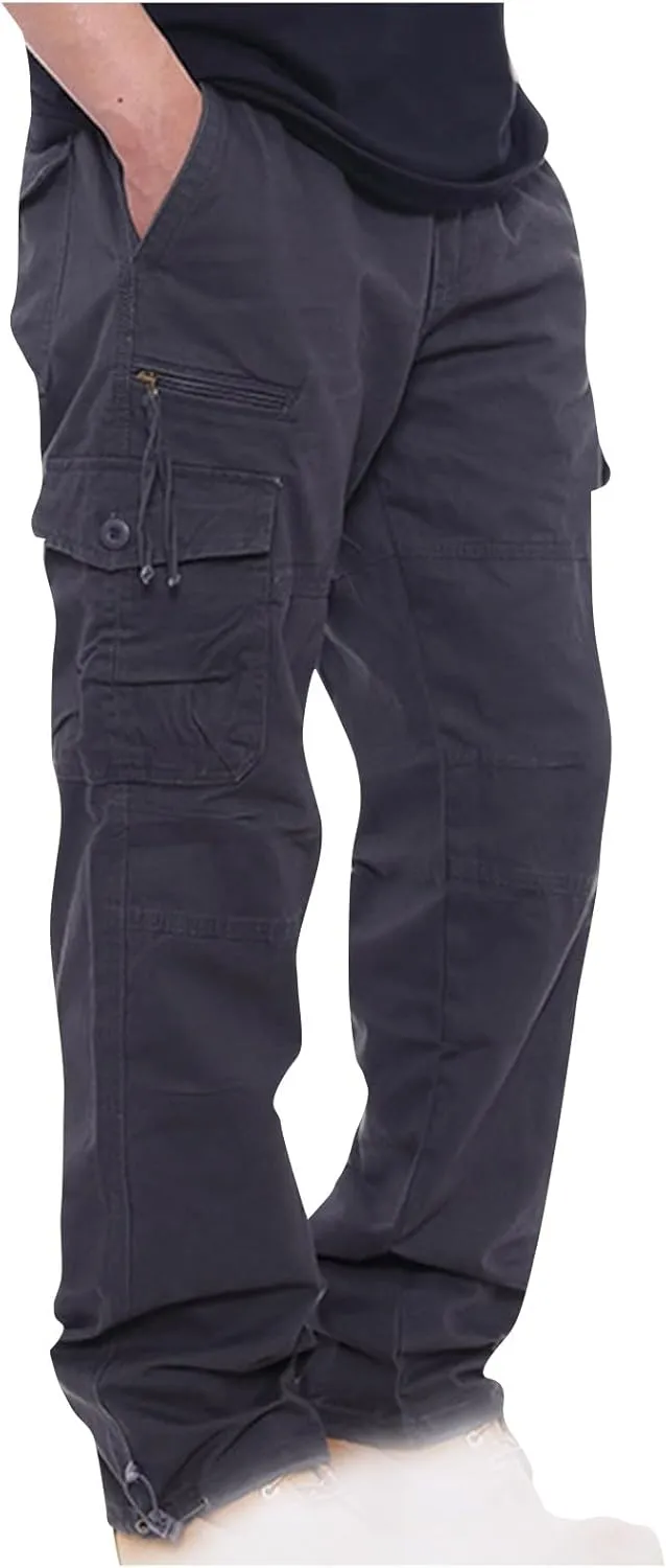 Men's Classic Fit Cargo Pants Elastic Waist Multi-Pocket Outdoor Cargo Trousers Tactical Straight Leg Casual Pants