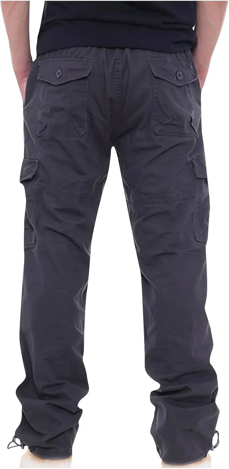 Men's Classic Fit Cargo Pants Elastic Waist Multi-Pocket Outdoor Cargo Trousers Tactical Straight Leg Casual Pants
