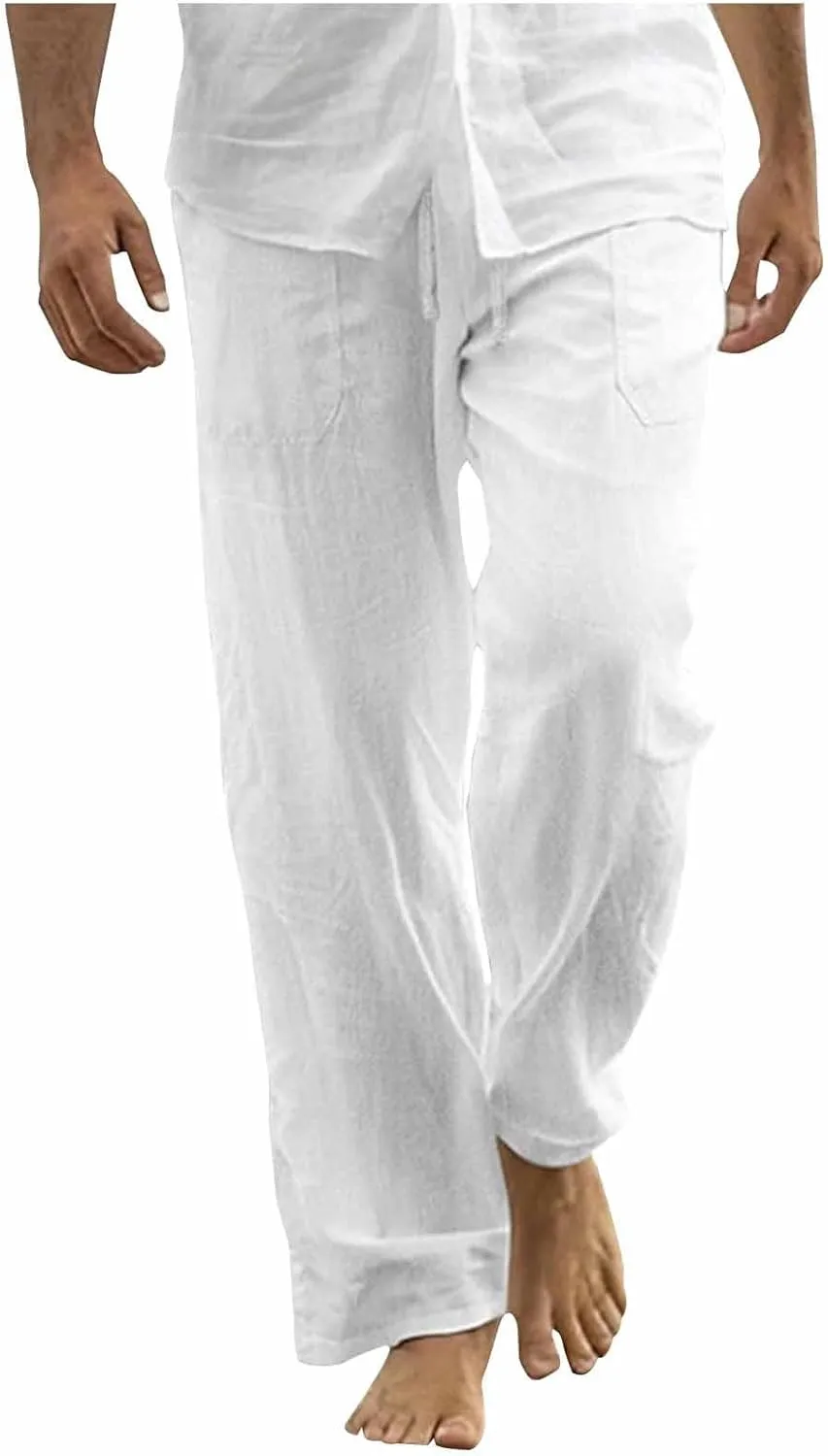 Mens Cotton Linen Joggers Sweatpants Casual Drawstring Elastic Waist Pant Baggy Quick Drying Workout Straight Trouser