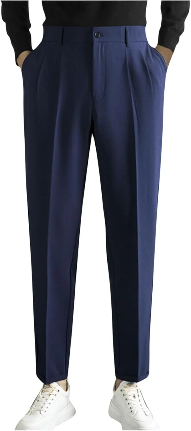 Mens Dress Pants Regular Fit Stretch Classic-Fit Business Casual Suit Straight-Leg Trousers Front-Pleated with Pockets