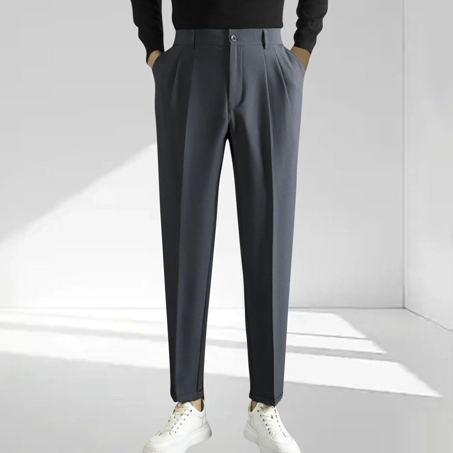 Mens Dress Pants Regular Fit Stretch Classic-Fit Business Casual Suit Straight-Leg Trousers Front-Pleated with Pockets