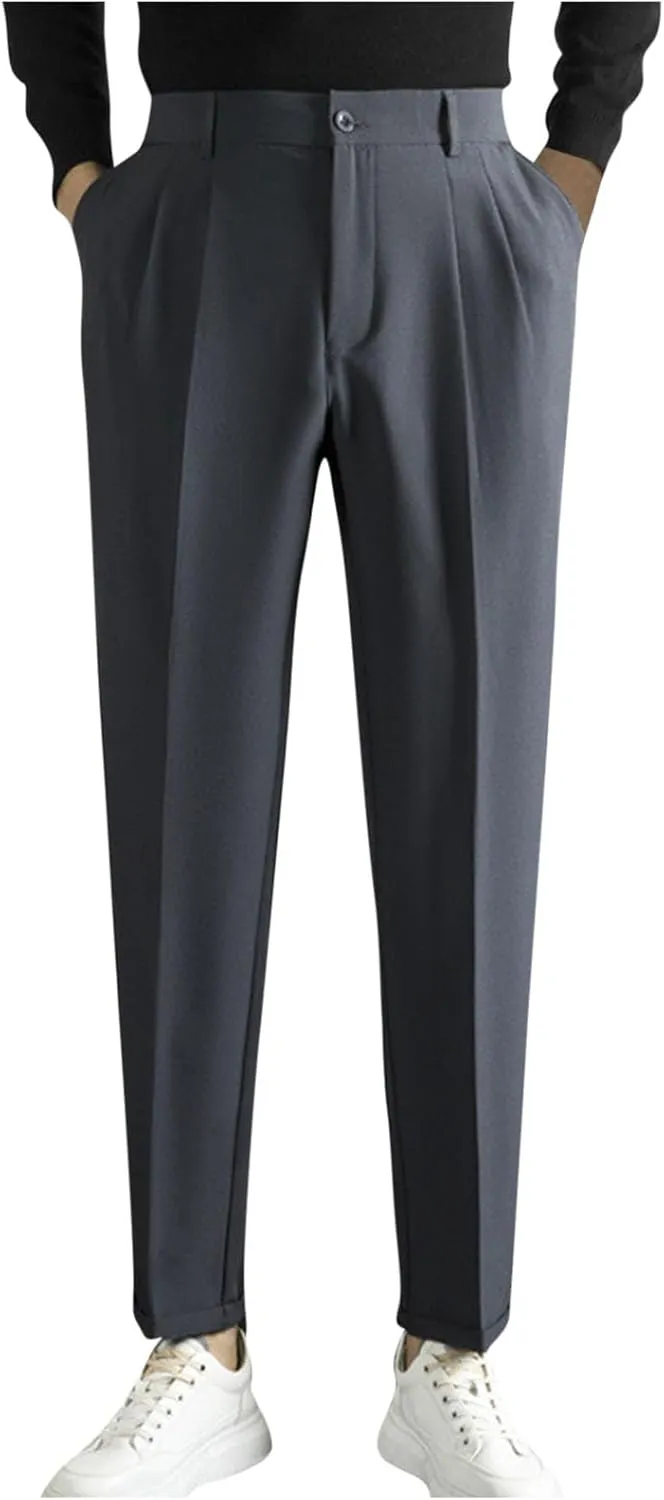 Mens Dress Pants Regular Fit Stretch Classic-Fit Business Casual Suit Straight-Leg Trousers Front-Pleated with Pockets