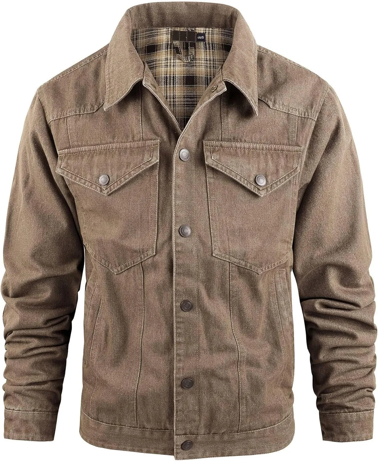 Men's Flannel-Lined Denim Jacket Vintage Slim Cowboy Trucker Coat Heavy Duty Snap Closure