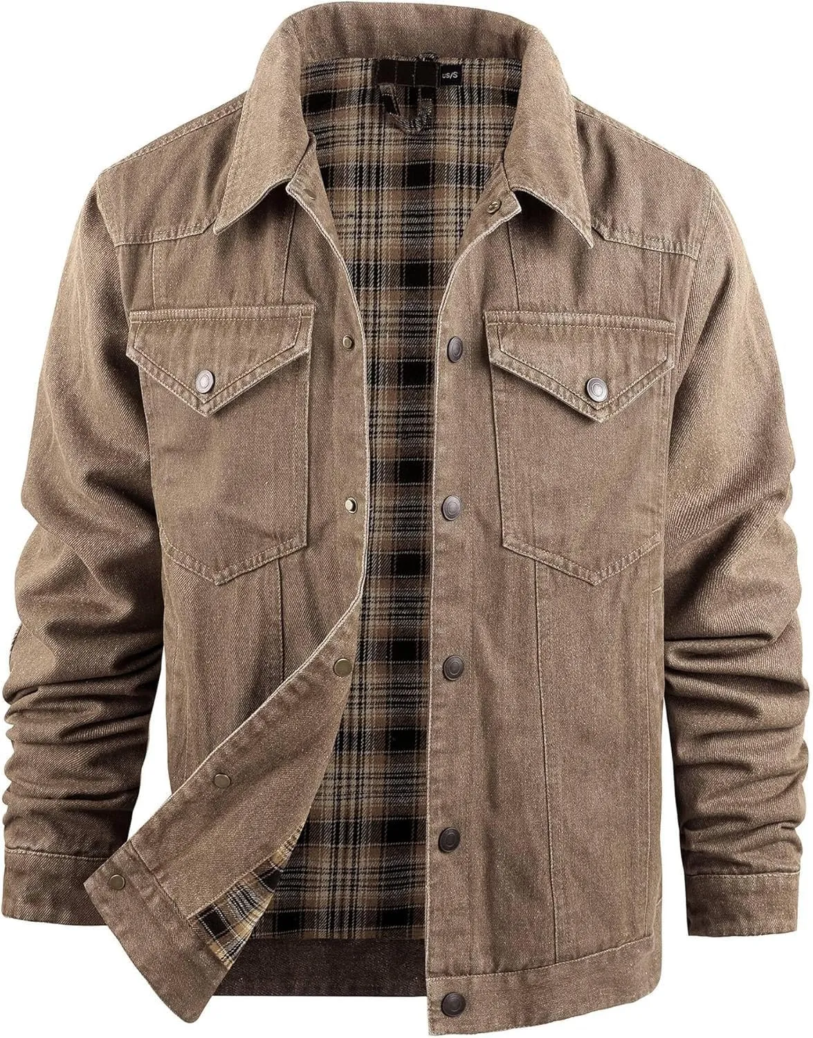 Men's Flannel-Lined Denim Jacket Vintage Slim Cowboy Trucker Coat Heavy Duty Snap Closure