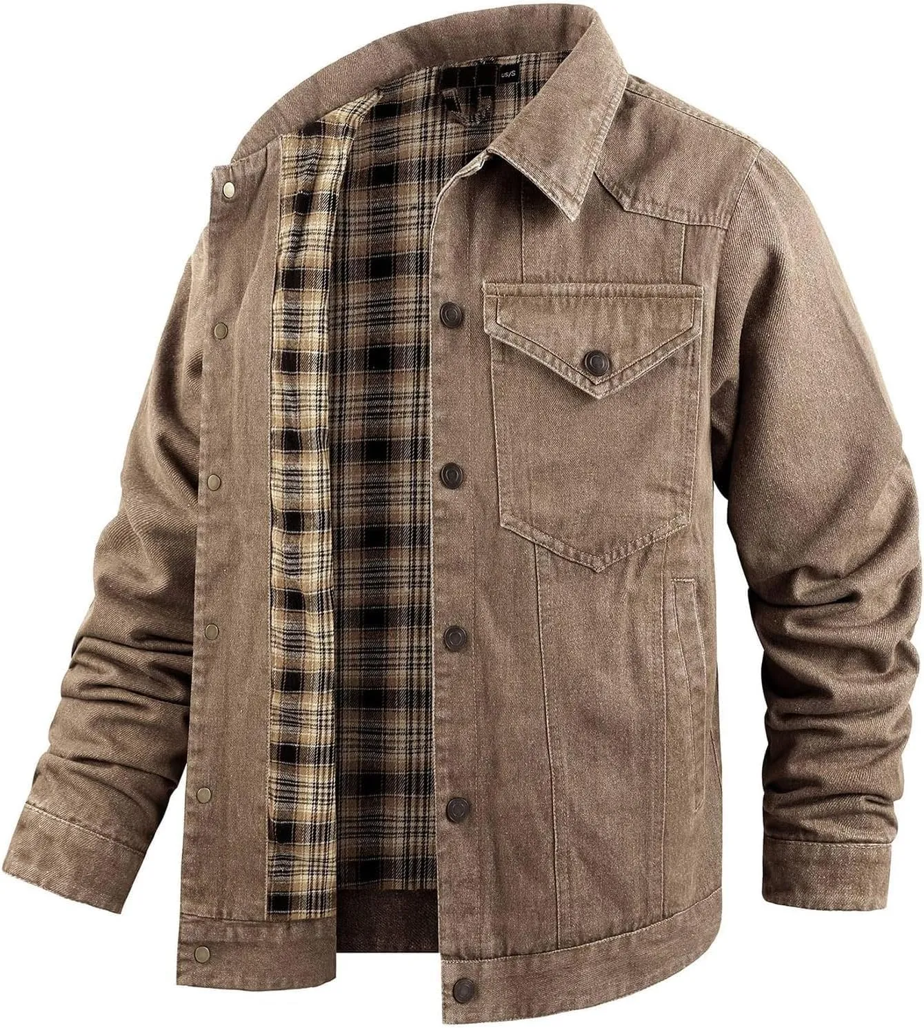 Men's Flannel-Lined Denim Jacket Vintage Slim Cowboy Trucker Coat Heavy Duty Snap Closure