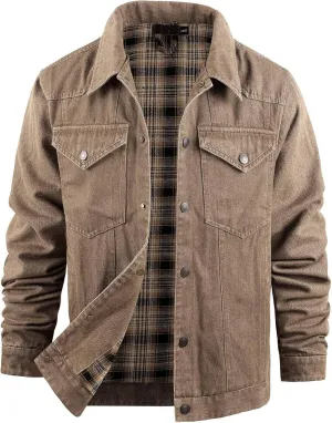 Men's Flannel-Lined Denim Jacket Vintage Slim Cowboy Trucker Coat Heavy Duty Snap Closure