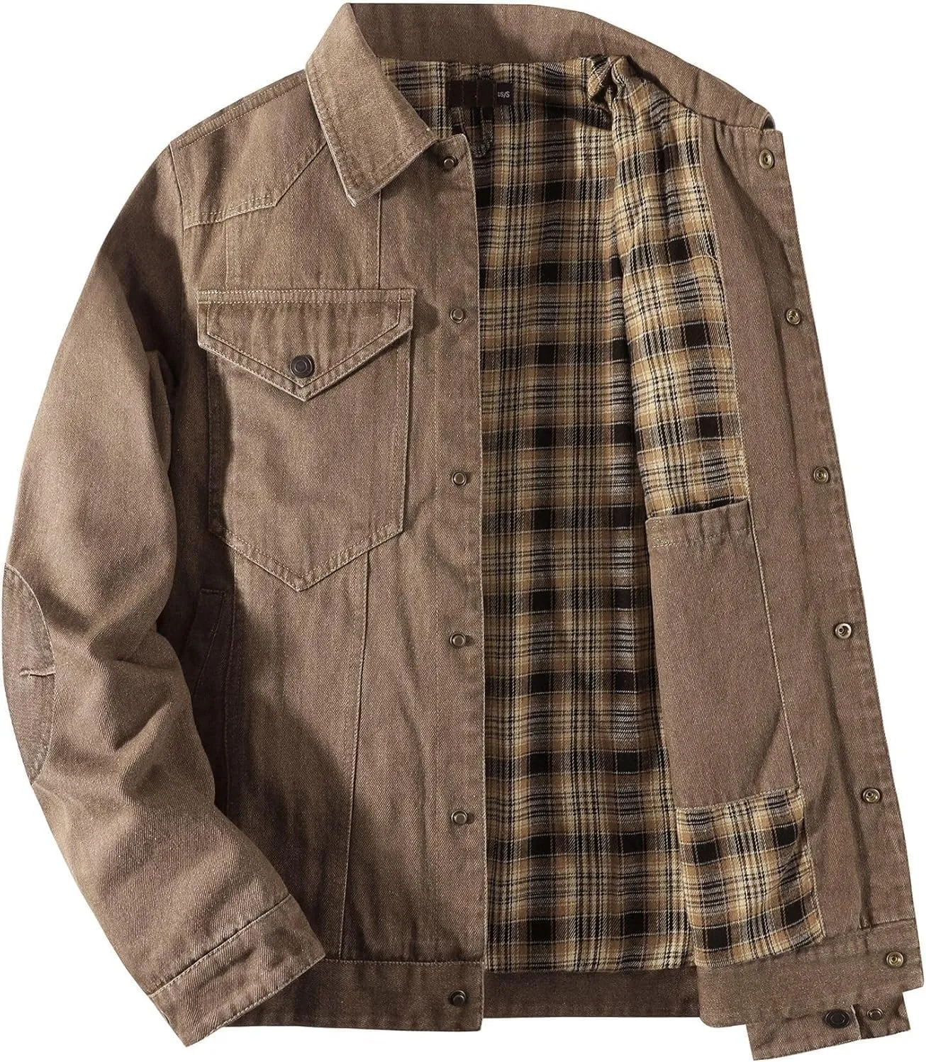 Men's Flannel-Lined Denim Jacket Vintage Slim Cowboy Trucker Coat Heavy Duty Snap Closure