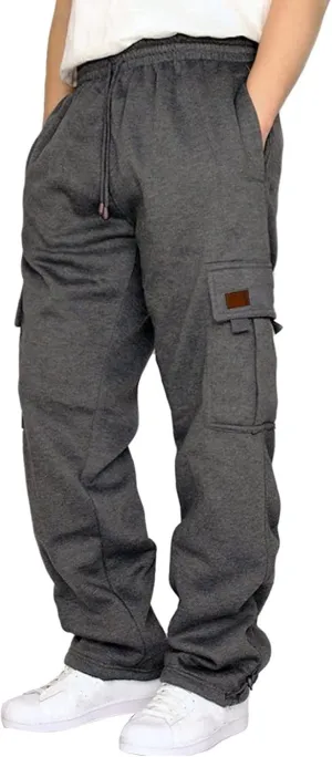 Men's Fleece Cargo Sweatpants Drawstring Loose Fit Sweatpants Active Athletic Workout Jogger Pant for Men with Pockets