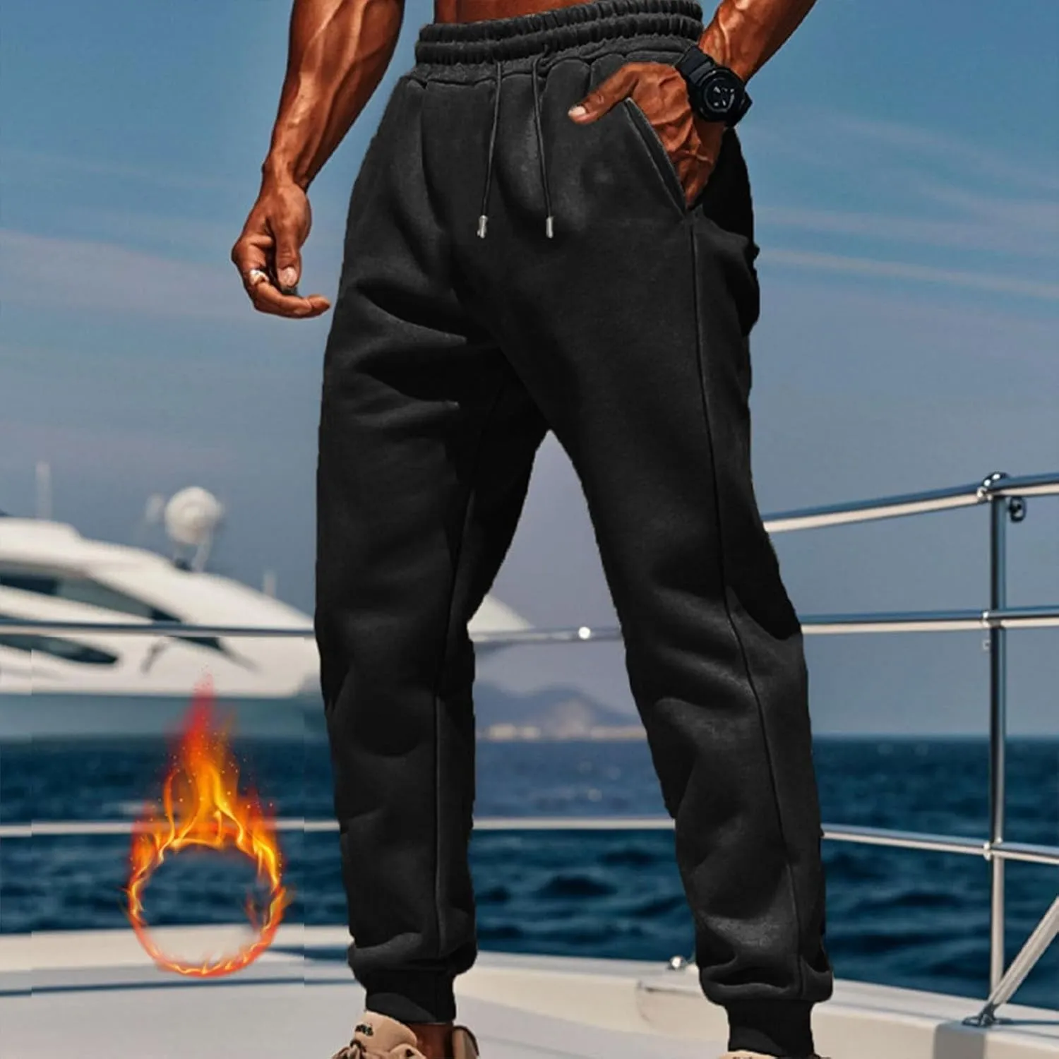 Mens Fleece Cargo Sweatpants Loose Fit Elastic Waist Drawstring Athletic Baggy Jogger Sweat Pants Zipper Pocket