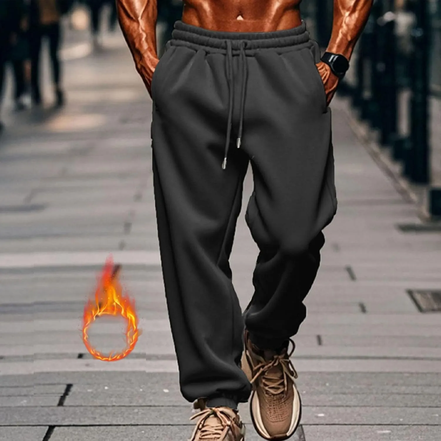 Mens Fleece Cargo Sweatpants Loose Fit Elastic Waist Drawstring Athletic Baggy Jogger Sweat Pants Zipper Pocket