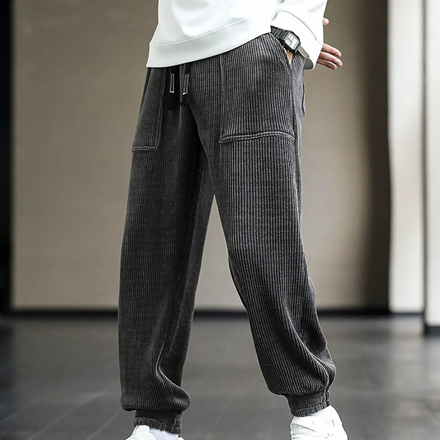 Mens' Fleece Joggers Pants New Men's Corduroy Loose Solid Casual Elastic Waistband Straight Stretch Tapered