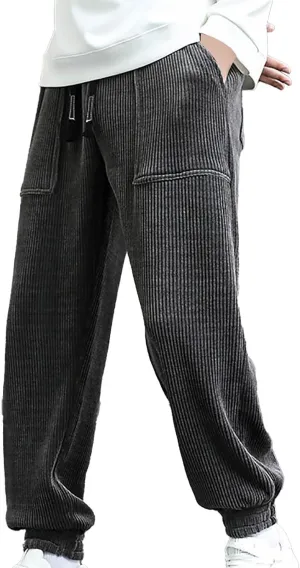 Mens' Fleece Joggers Pants New Men's Corduroy Loose Solid Casual Elastic Waistband Straight Stretch Tapered