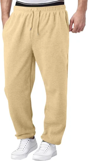 Men's Fleece Linen Pants, Elastic Waist Lightweight Casual Pants, Comfy Summer Beach Travel Lounge Trousers with Pockets