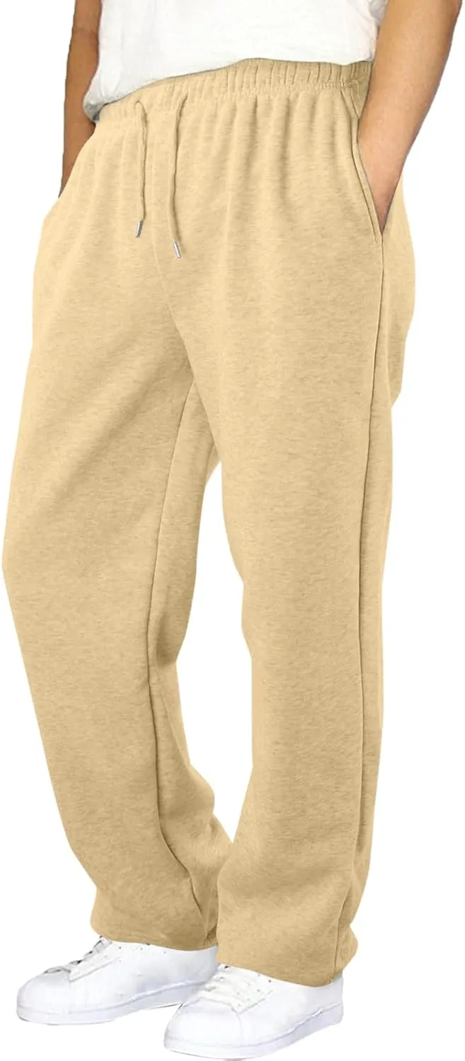 Men's Fleece Linen Pants, Elastic Waist Lightweight Casual Pants, Comfy Summer Beach Travel Lounge Trousers with Pockets