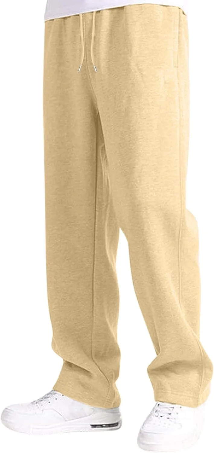 Men's Fleece Linen Pants, Elastic Waist Lightweight Casual Pants, Comfy Summer Beach Travel Lounge Trousers with Pockets
